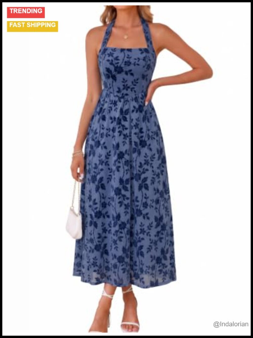 Women's Floral Halter Maxi Dress Embroidered Open Back Wedding Guest